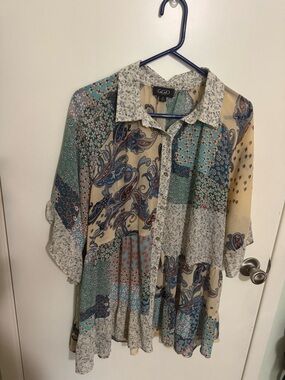 G.GIO Patchwork Floral Button-Up Blouse - Teal, Cream, Navy